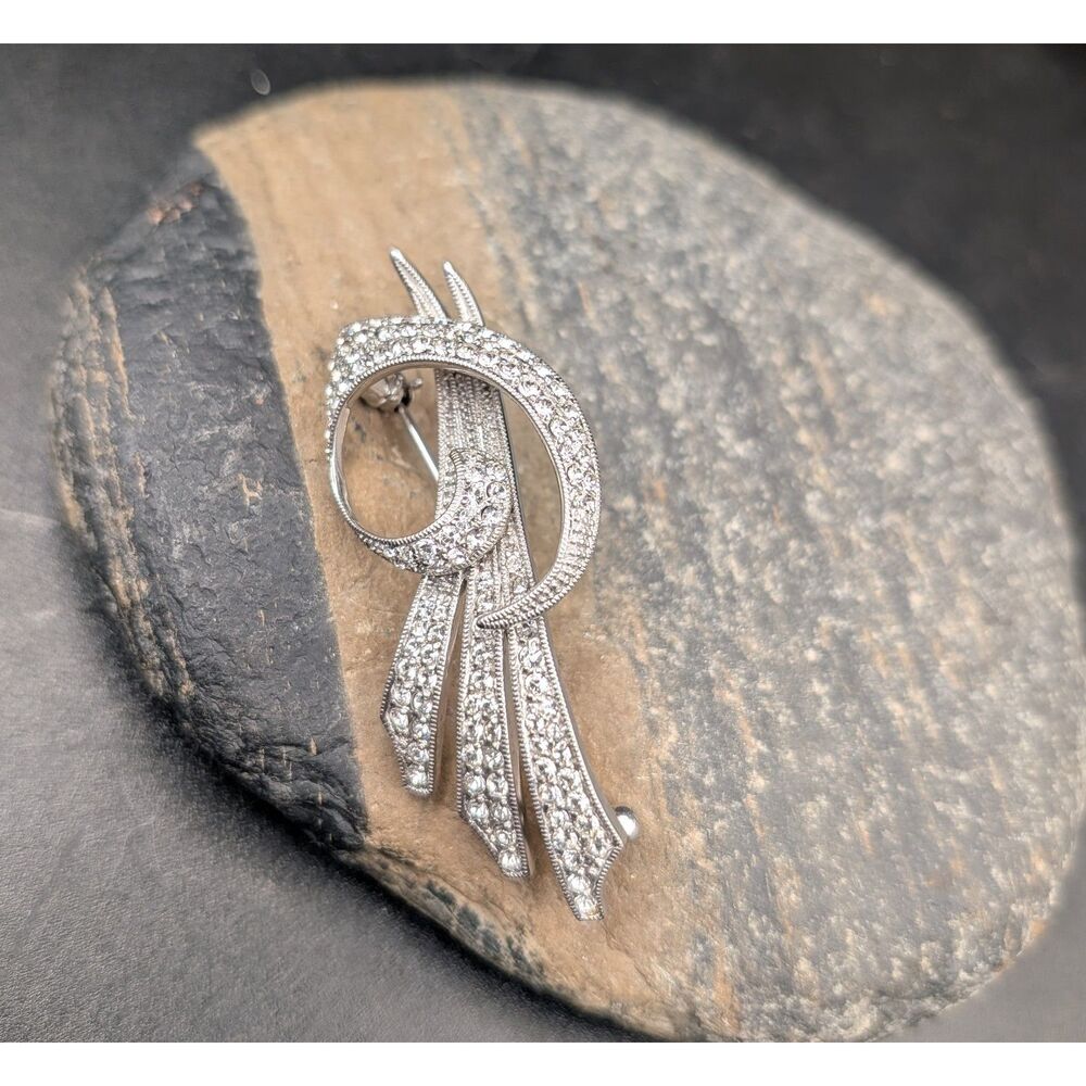 Vintage Jenna Nicole Sterling Silver Pave CZ Art Deco Swirl Ribbon Brooch 925
